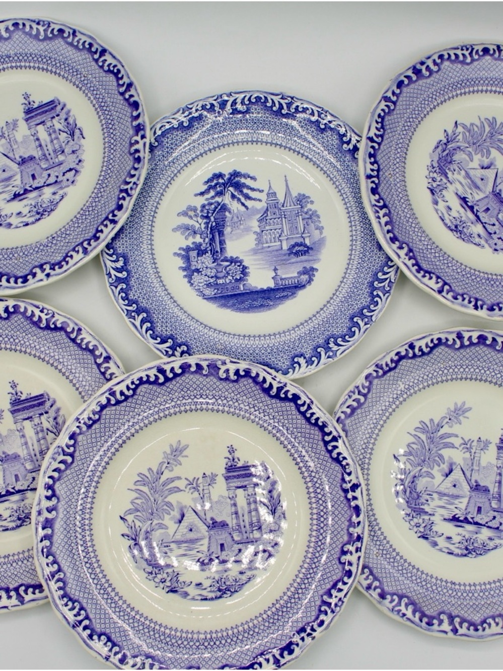 Set of 6 Antique Periwinkle Blue and White Transferware Plates, Rorstrand